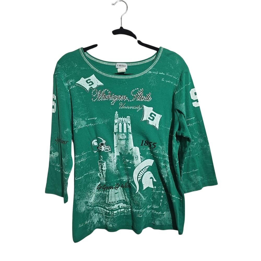 Vintage P. Michael Michigan State Spartans Green‎ 3/4 Sleeve Top Womans Size 1x